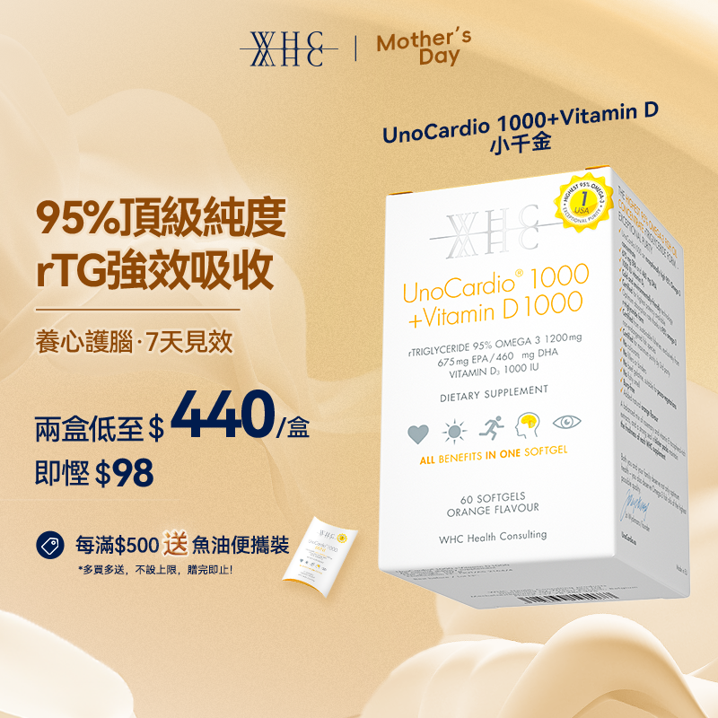 UnoCardio®1000+Vitamin D 小千金 95%高純度深海魚油+維他命D 60粒
