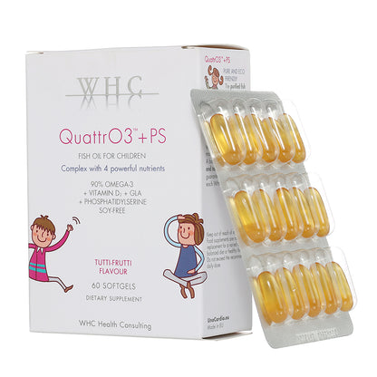 QuattrO3+PS 小精靈 兒童DHA高純度深海魚油+磷脂醯絲胺酸 改善ADHD 提升記憶專注力60粒 - WHC HK 