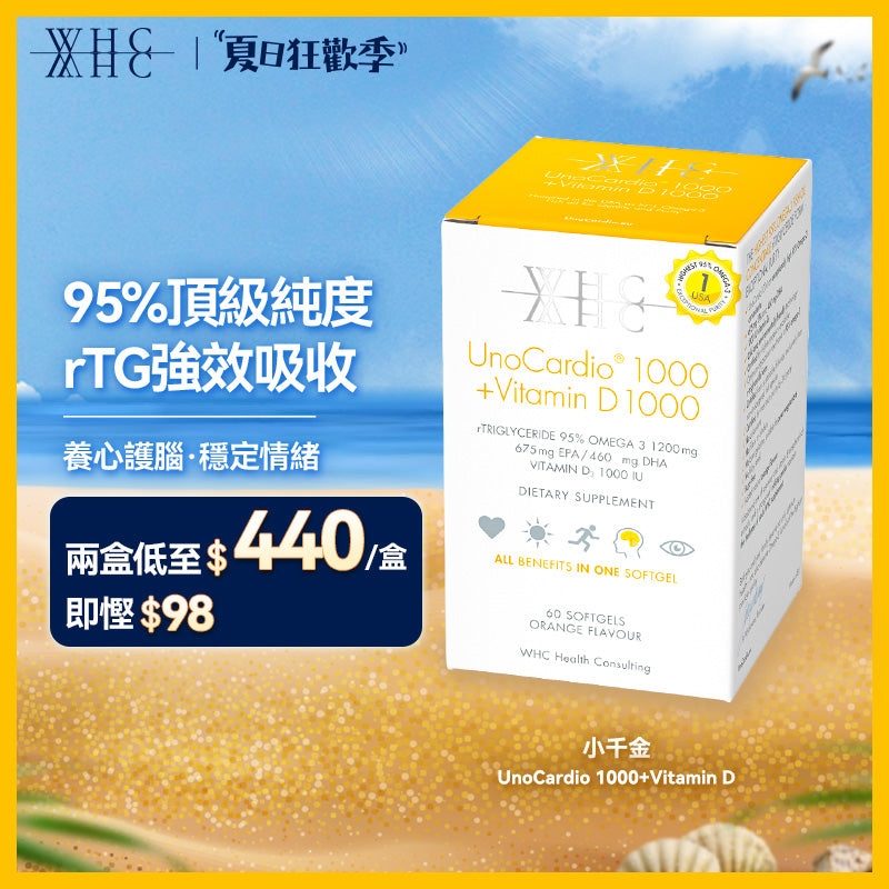 UnoCardio®1000 + Vitamin D 小千金 95%高純度深海魚油+維他命D 60粒