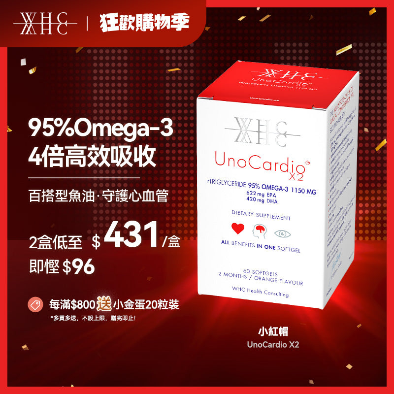 95%高純度純淨魚油 百搭0負擔 心腦血管全守護 UnoCardio X2小紅帽 60粒