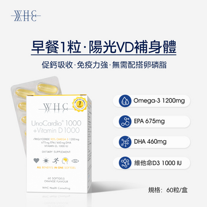 UnoCardio 1000+Vitamin D小千金 95%高純度深海魚油 60粒